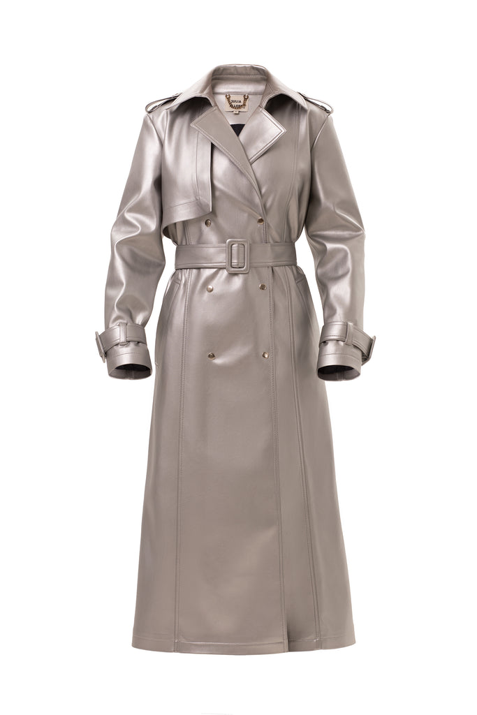 Fashion Silver Faux Letaher Trench Coat