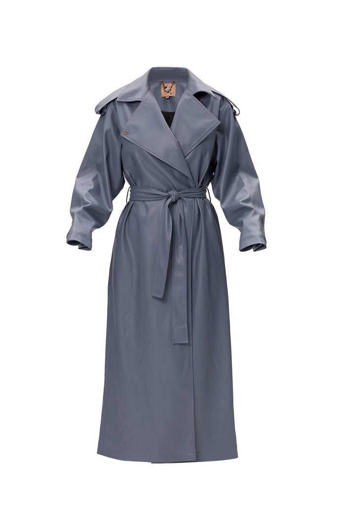 Light Blue Faux Leather Midi Wrap Trench