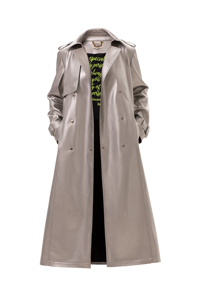 Fashion Silver Faux Letaher Trench Coat