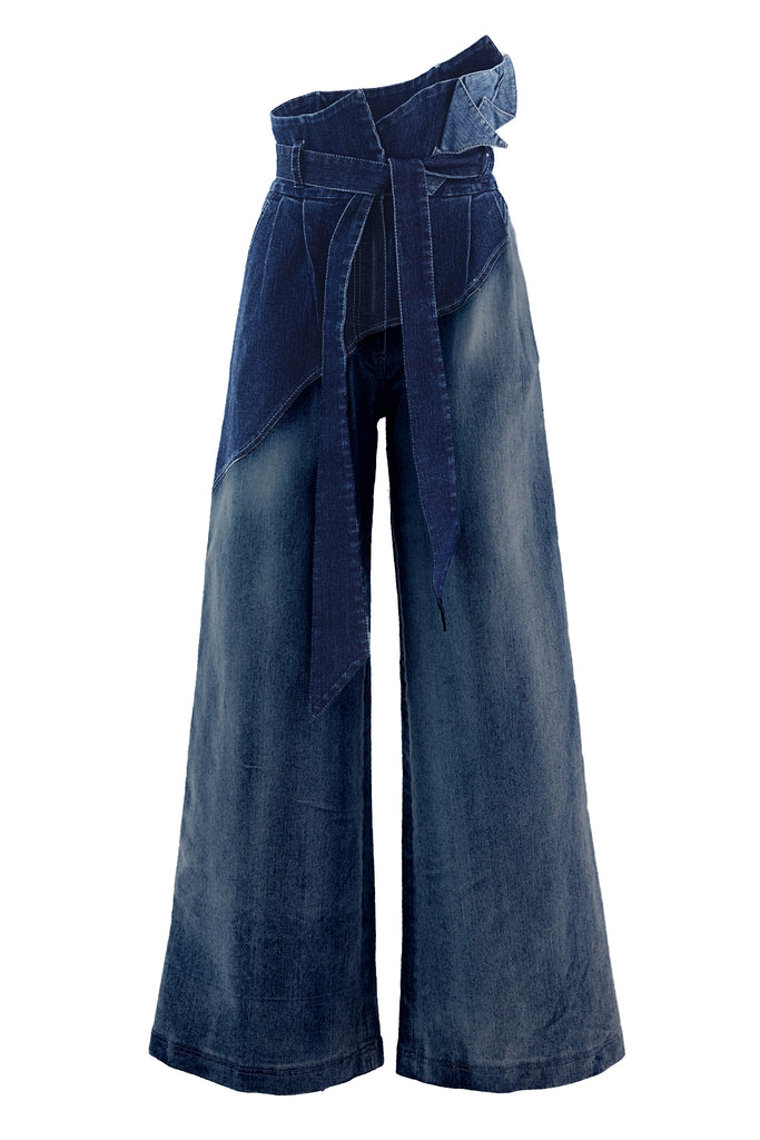 High-Waisted Flared Trousers Tie-Die Blue Denim