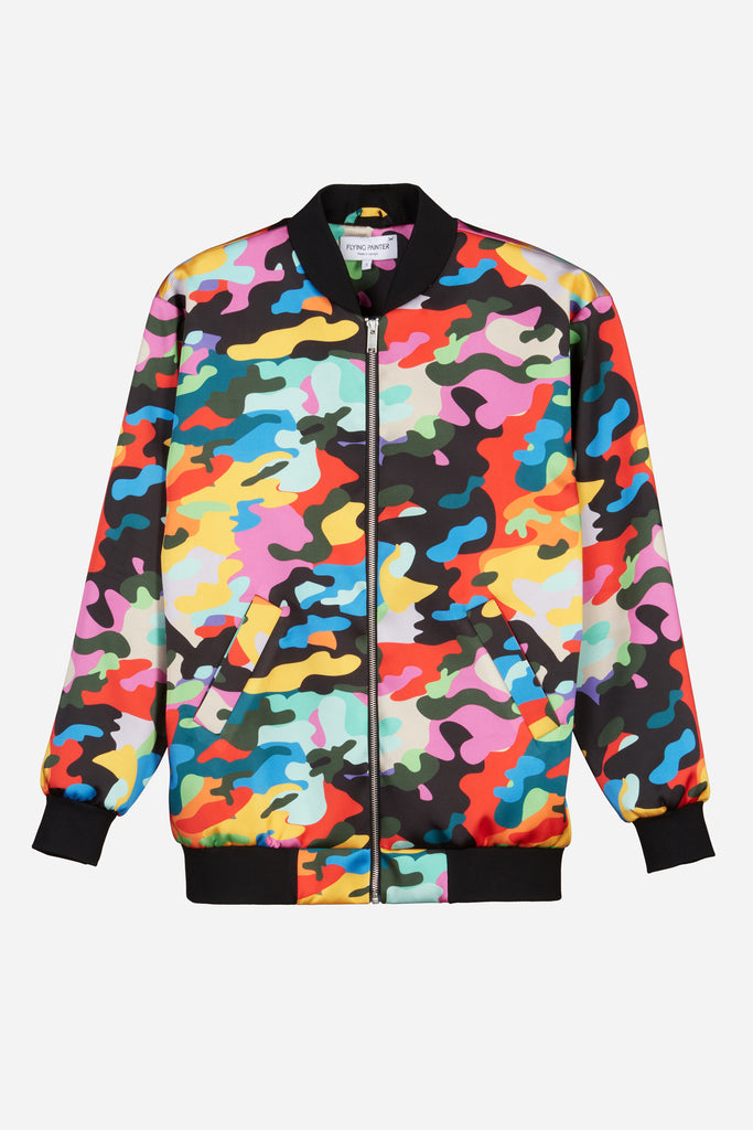 Rainbow camouflage print bomber jacket