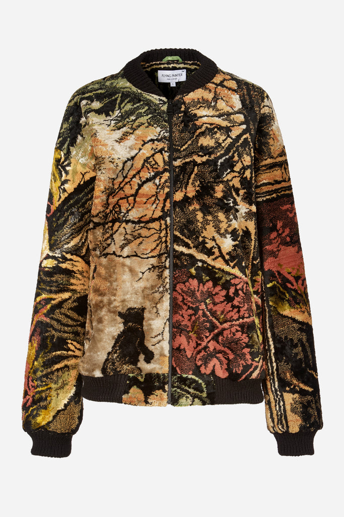 Morning in a pine forest tapestry print bomber jacket