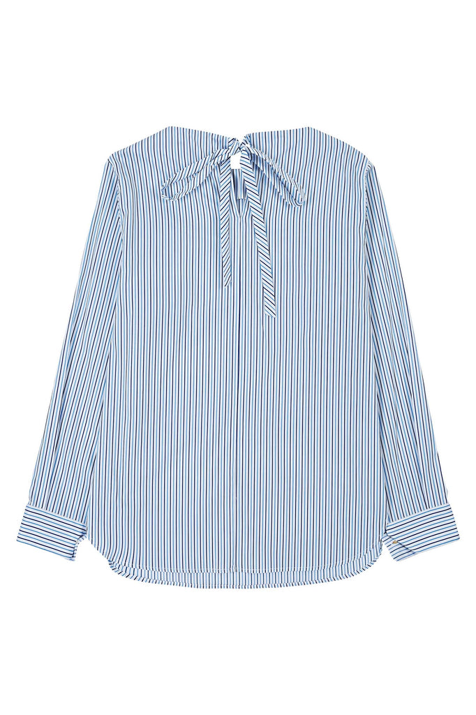 Boat neck blouse with ribbon (Blue)