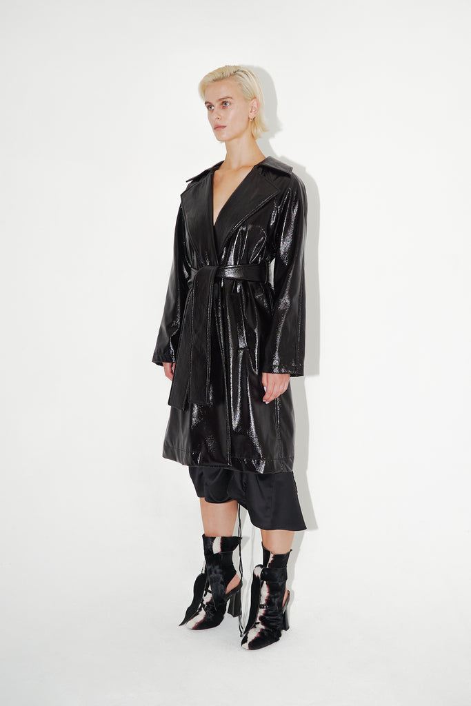 Belted Vegan-leather Trench Coat