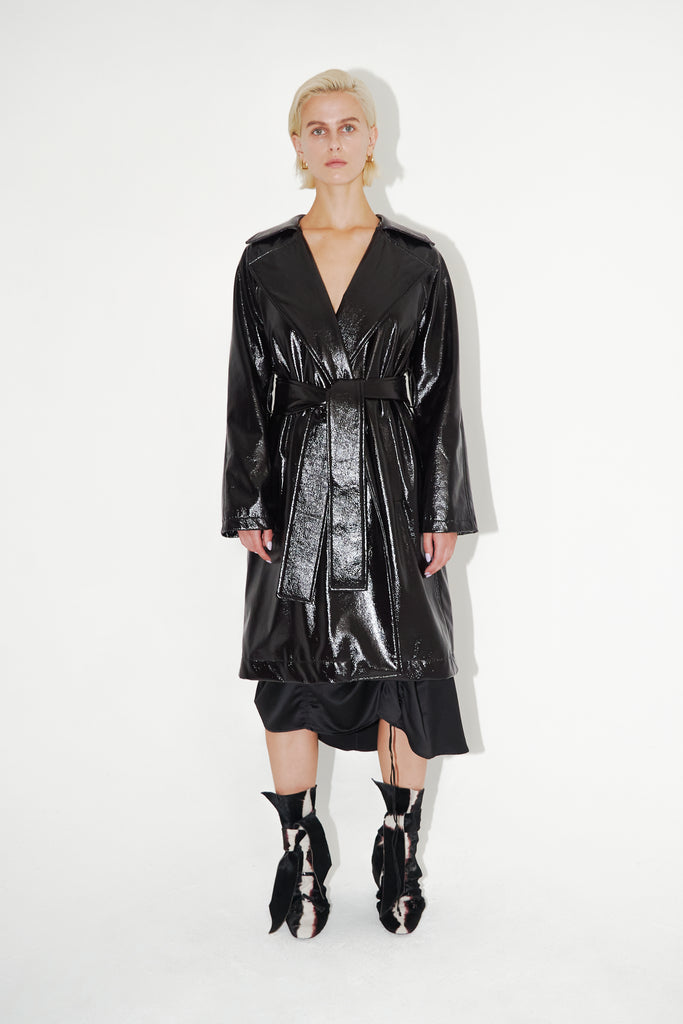 Belted Vegan-leather Trench Coat