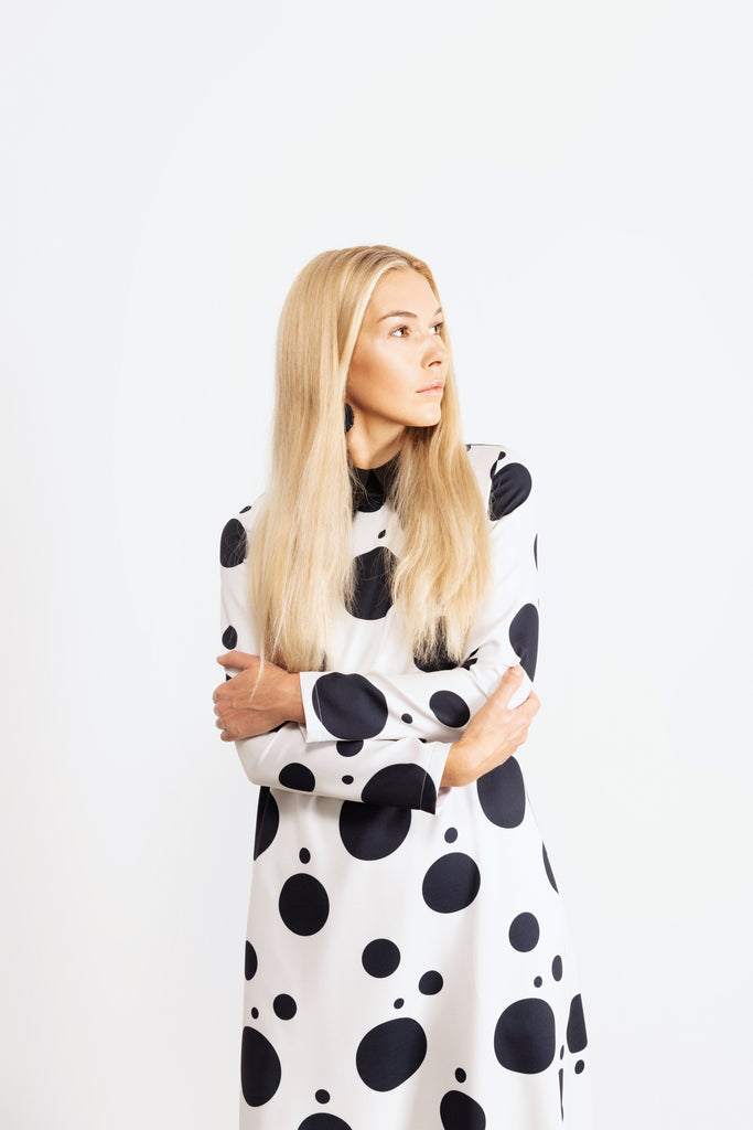 Polka Dot Dress With Stand Collar White