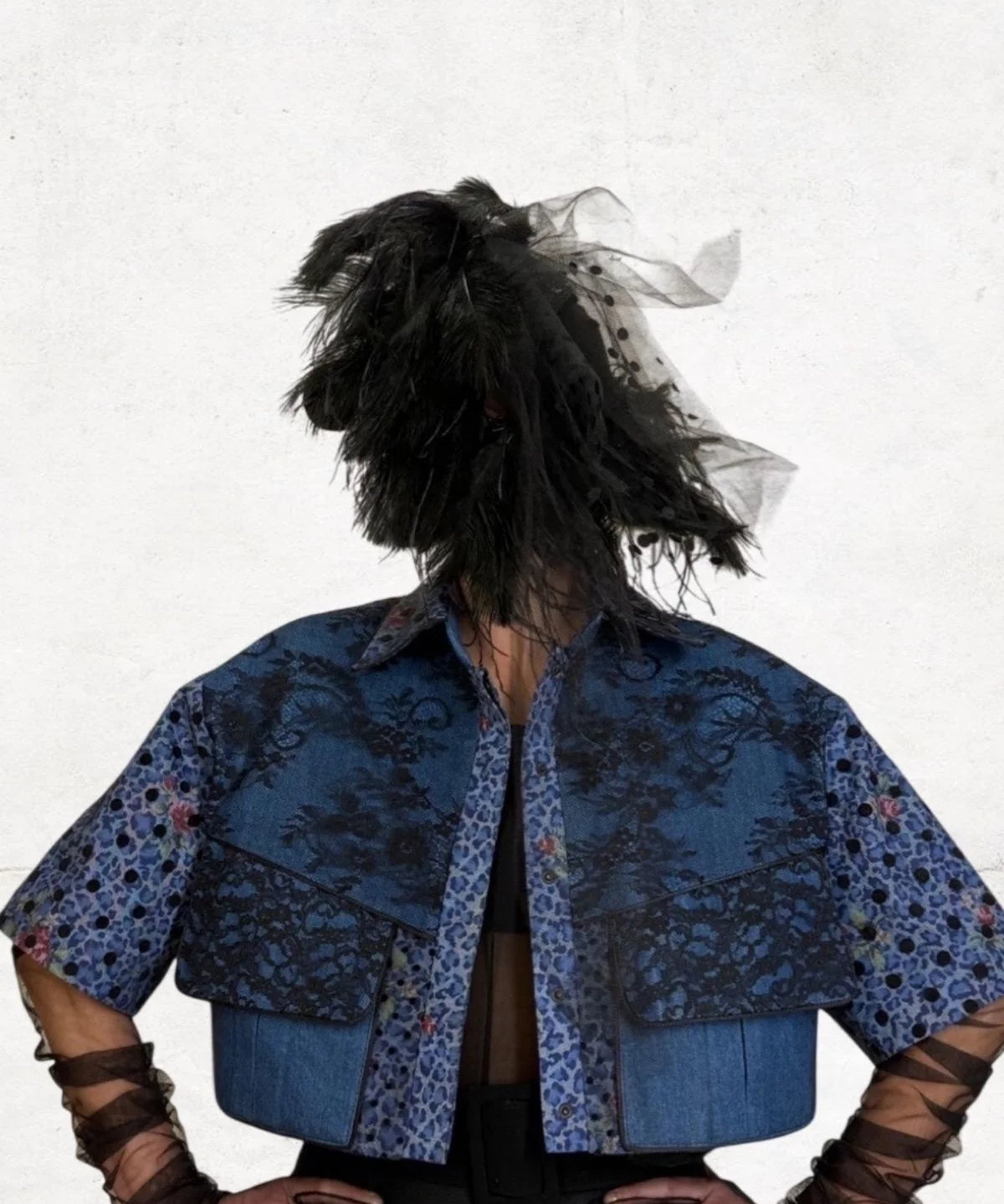 Lace and Tulle Cover Detailed Printed Denim Coat - Studio183
