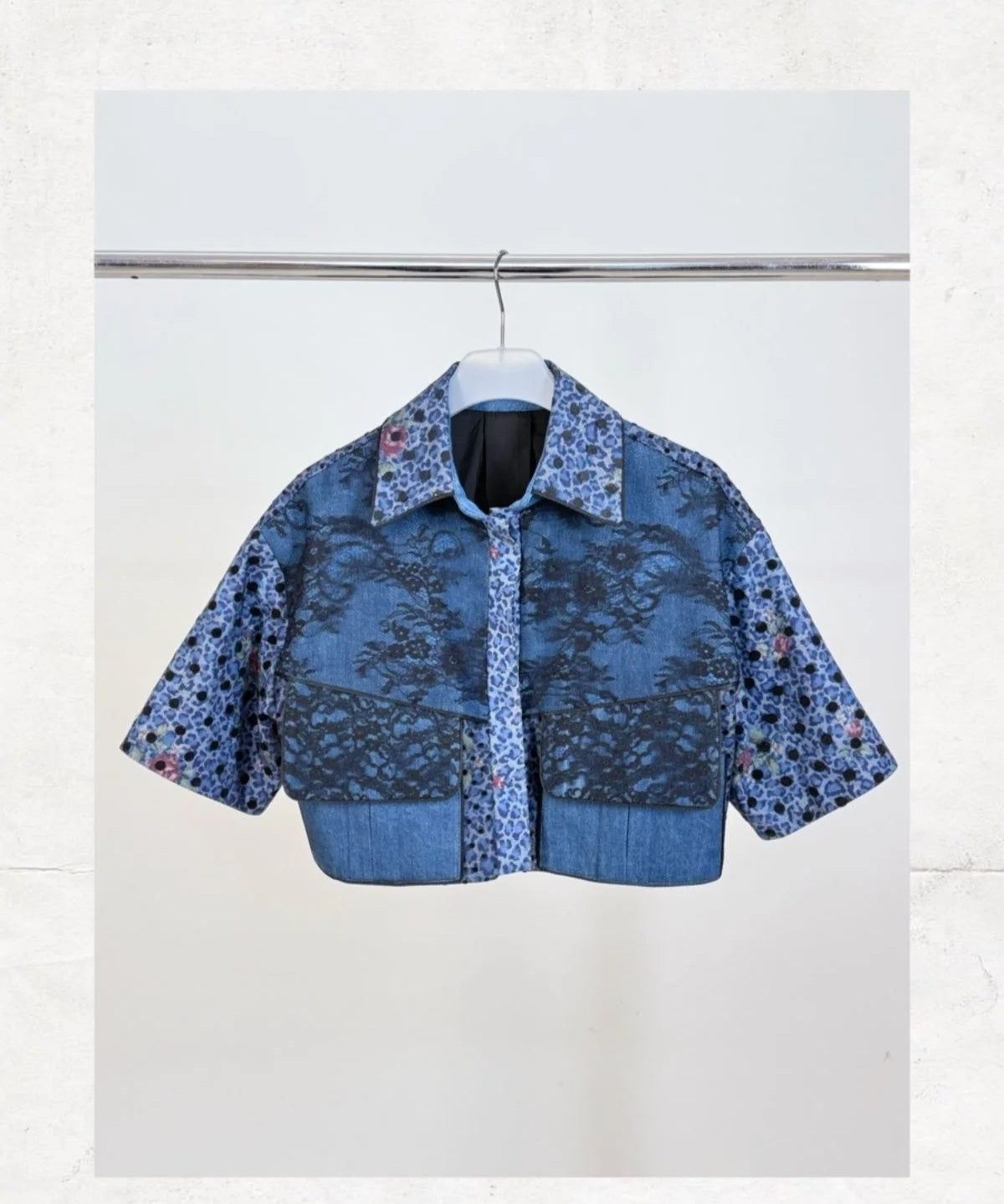Lace and Tulle Cover Detailed Printed Denim Coat - Studio183