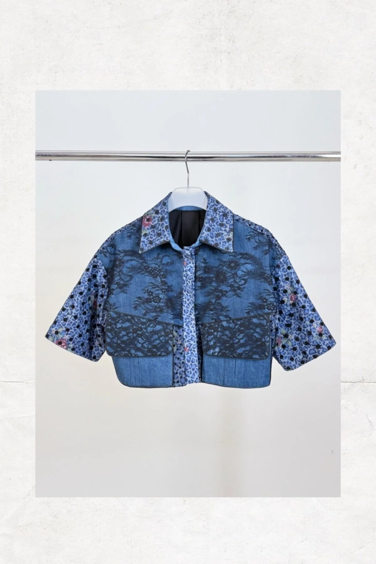 Lace and Tulle Cover Detailed Printed Denim Coat - Studio183
