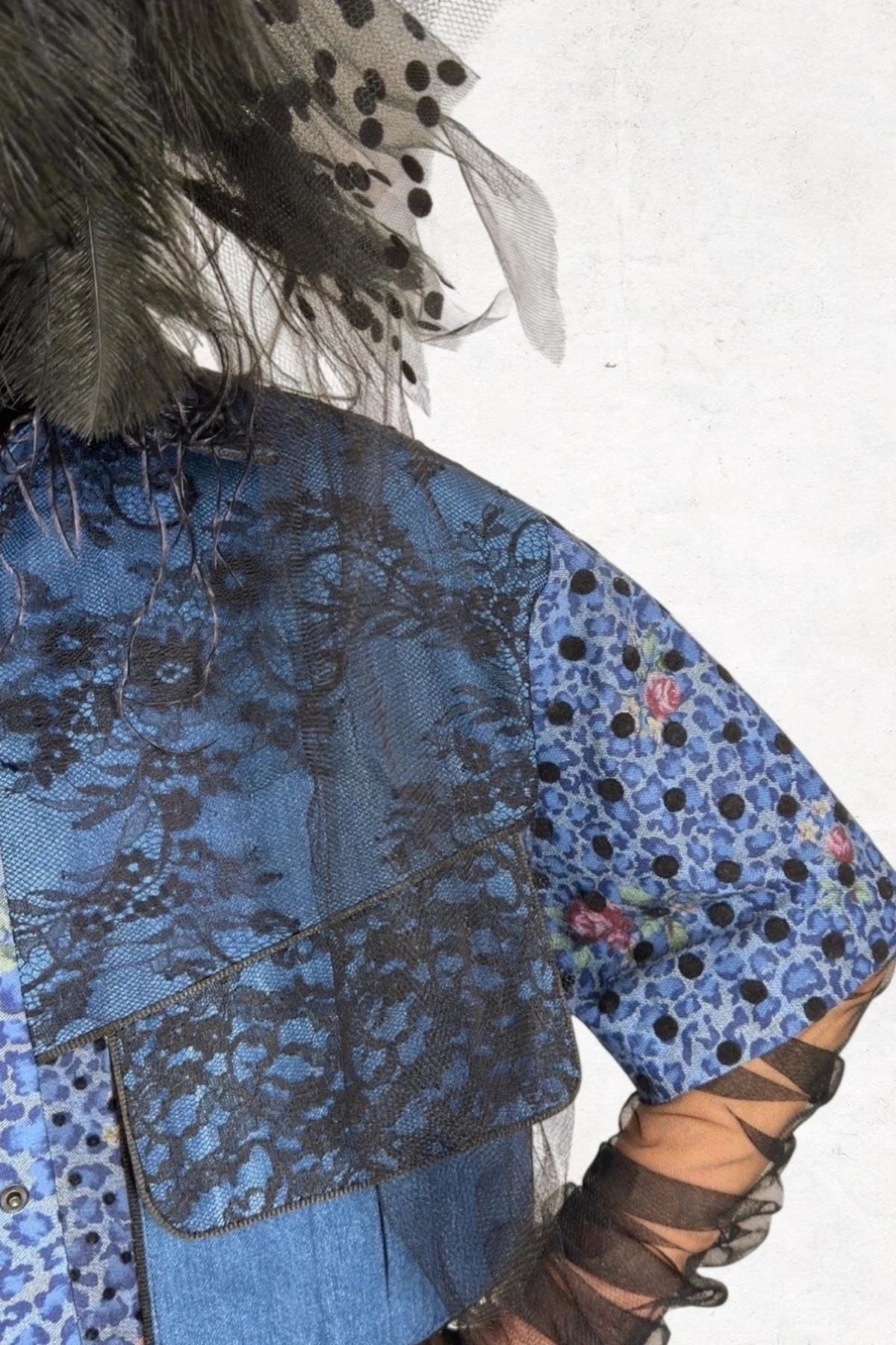 Lace and Tulle Cover Detailed Printed Denim Coat - Studio183