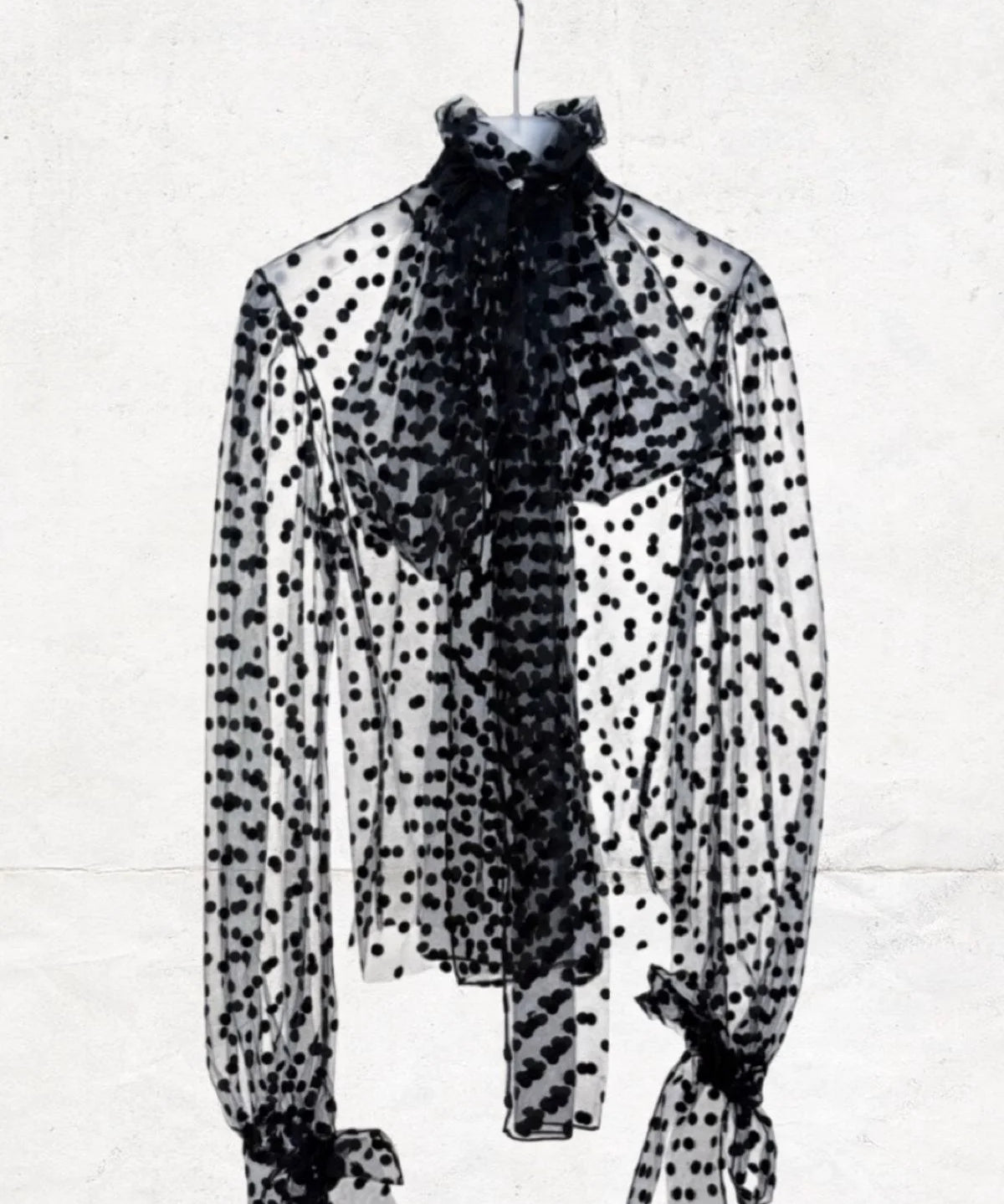 Bow Tie Collar Detailed Polka Dot Tulle Blouse - Studio183