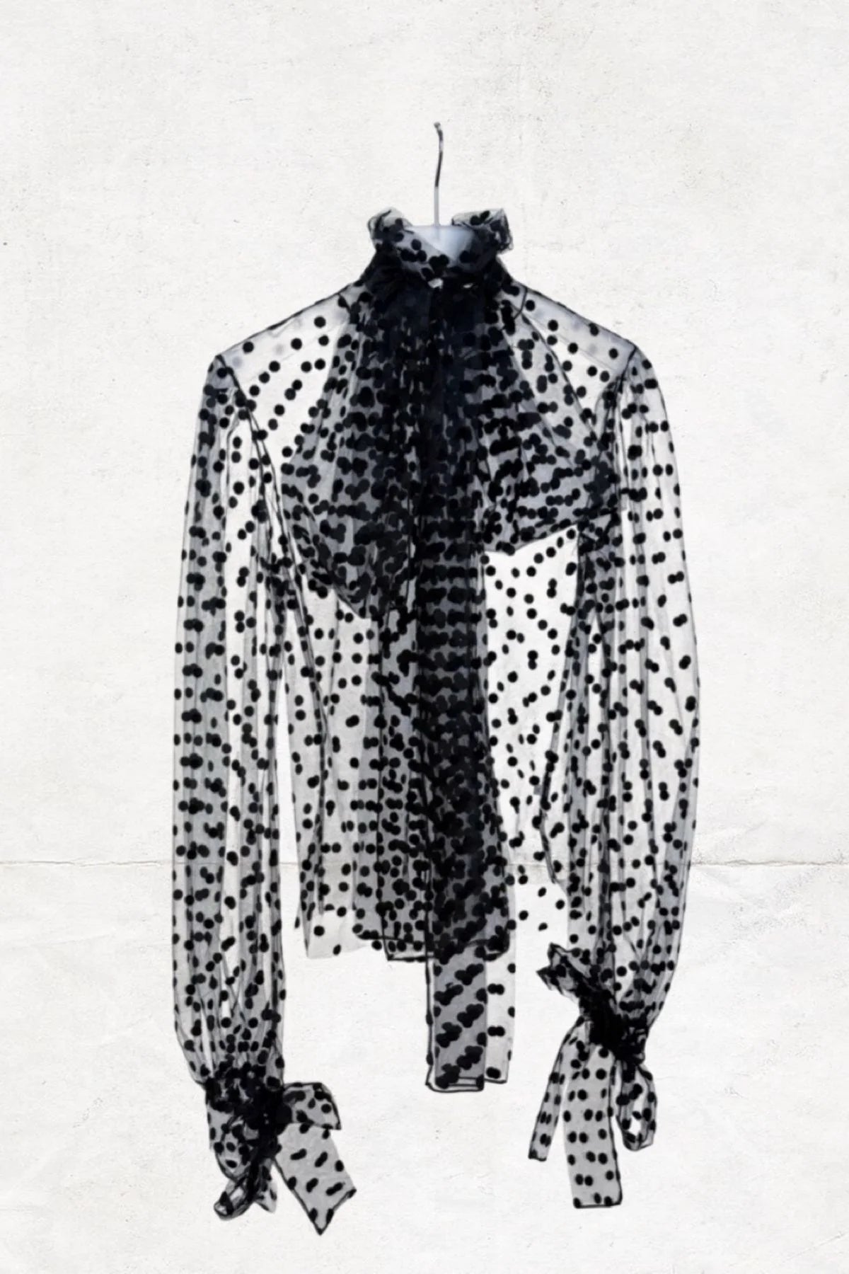 Bow Tie Collar Detailed Polka Dot Tulle Blouse - Studio183