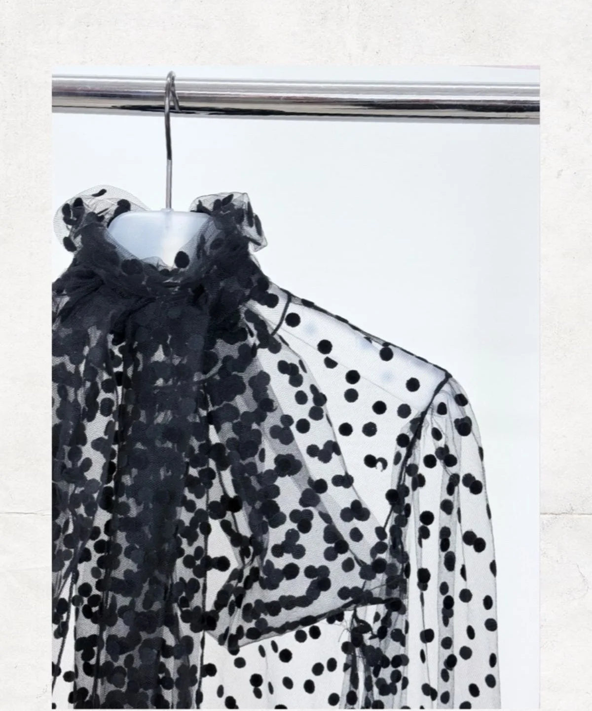 Bow Tie Collar Detailed Polka Dot Tulle Blouse - Studio183