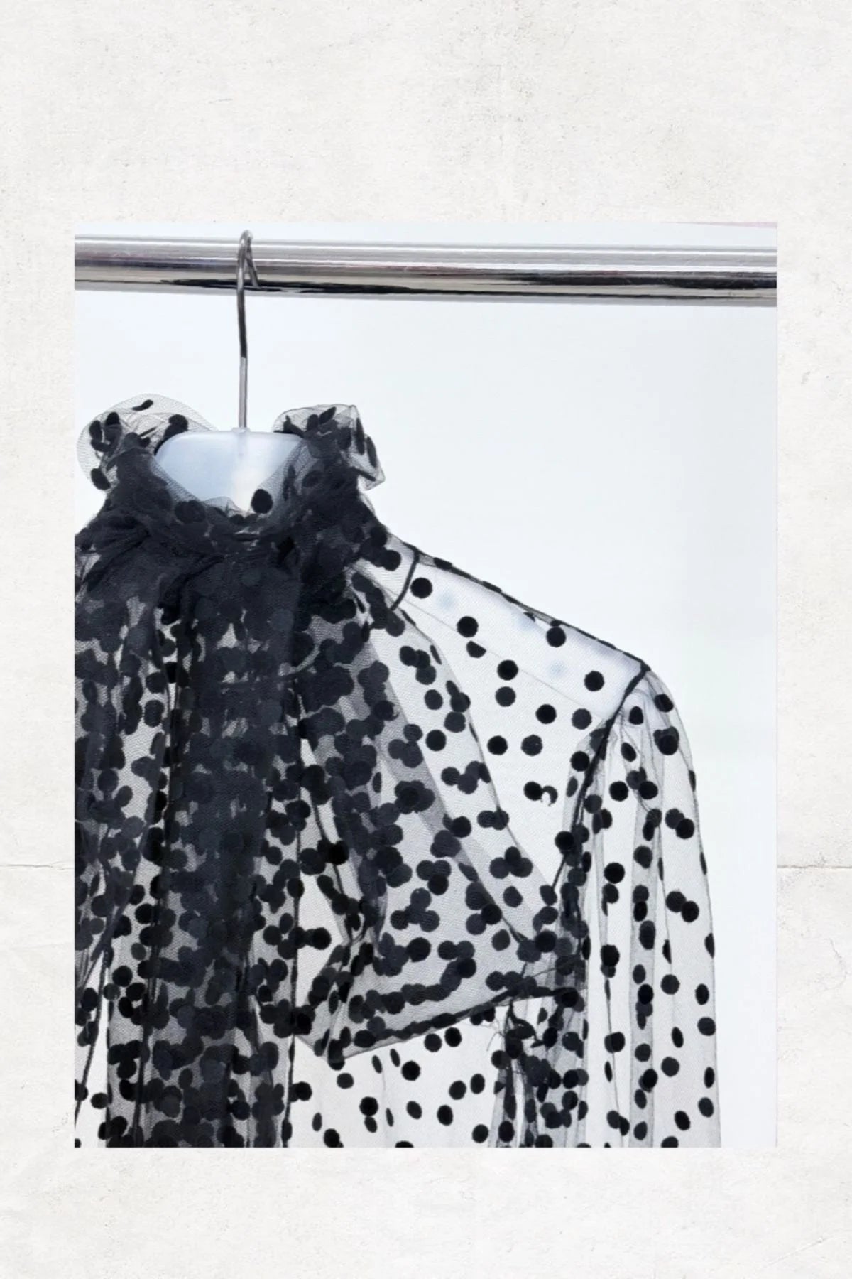 Bow Tie Collar Detailed Polka Dot Tulle Blouse - Studio183
