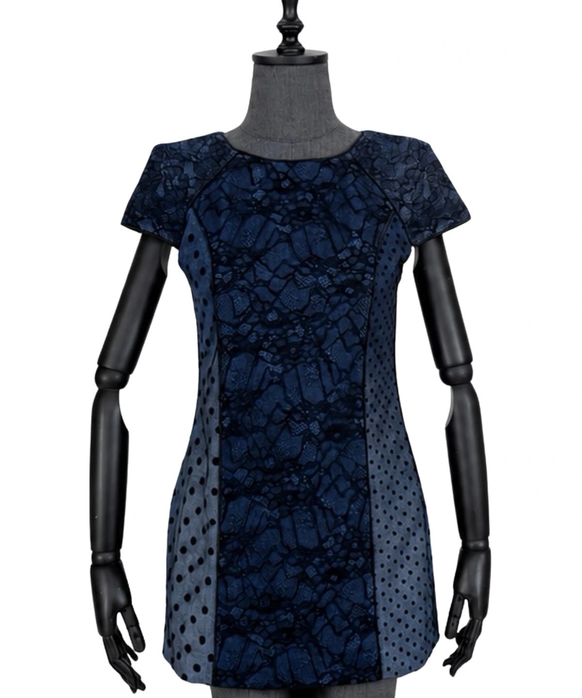 Reconstructed Denim Mini Dress With Lace And Tulle Details - Studio183